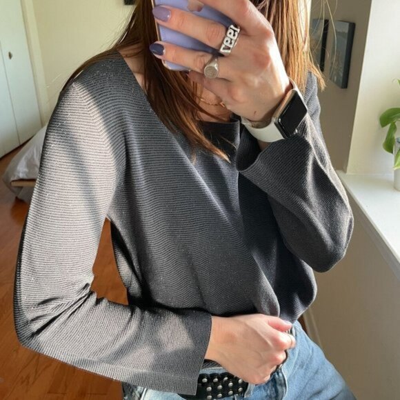 D. Exterior Metallic Boat Neck Long Sleeve T-Shirt Silver Size Large - Picture 2 of 7